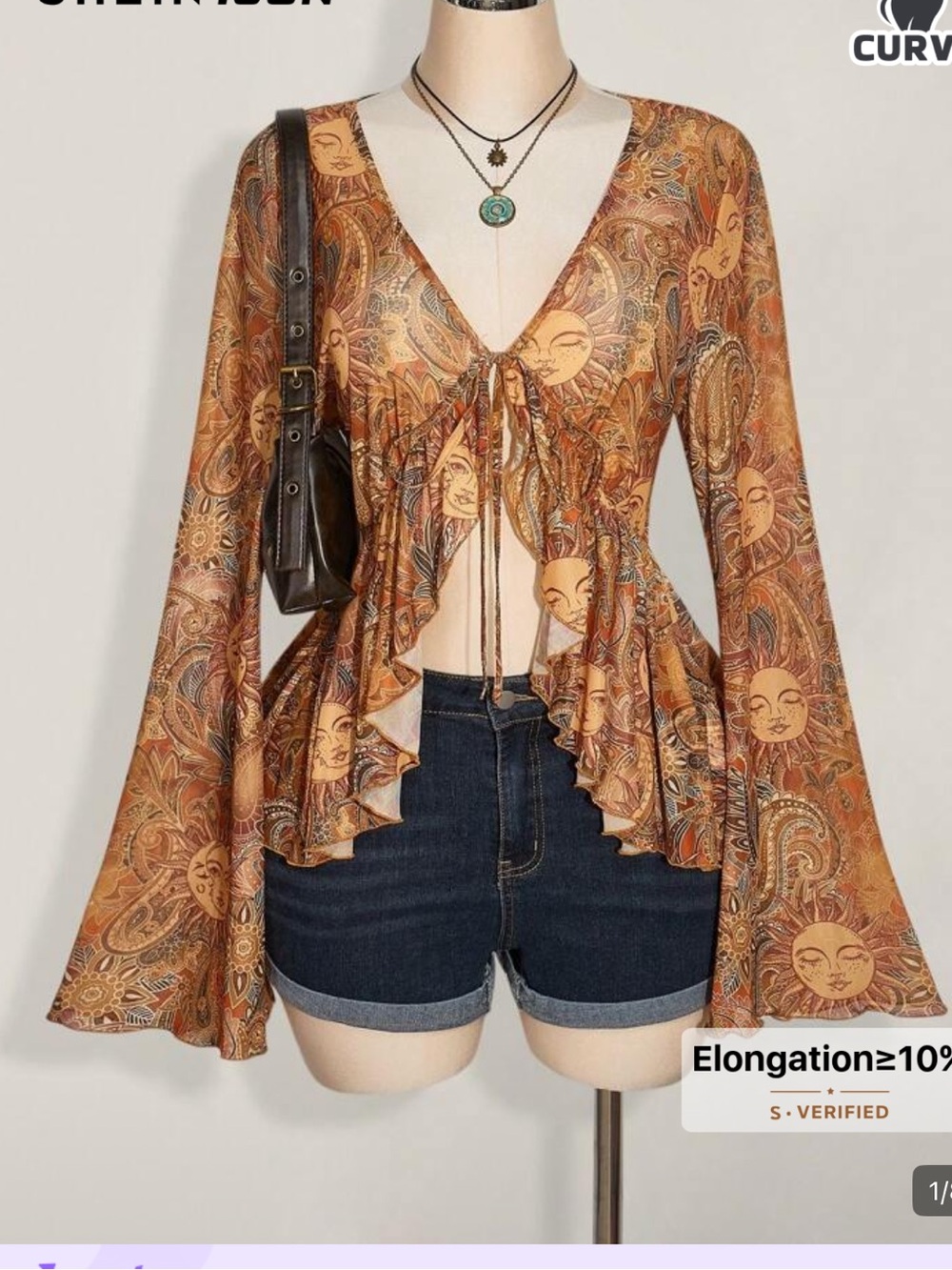 SHEIN Brown Paisley Sun Tie-Front Peplum Blouse
